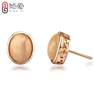  倾爱中国风 925纯银耳环 涵玉银耳钉女 猫眼石耳饰 复古可爱饰品