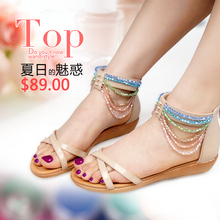 魅丽路2012新款波西米亚凉鞋 罗马坡跟凉鞋 平底串珠凉鞋 女鞋夏