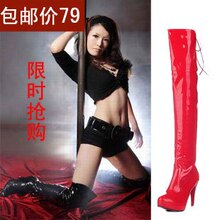 包邮11漆皮后系带过膝靴长靴高筒靴高跟防水台女靴子钢管舞靴