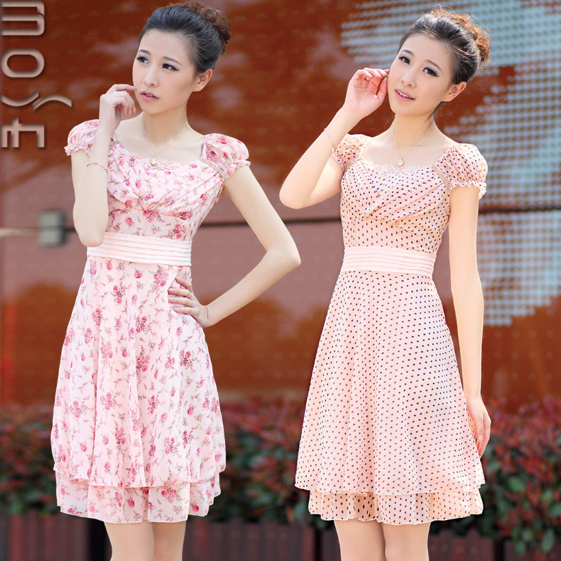 墨色2012夏季<span class=H>新款</span>圆点碎花修身收腰显瘦时尚淑<span class=H>女装</span>大码雪纺连衣裙