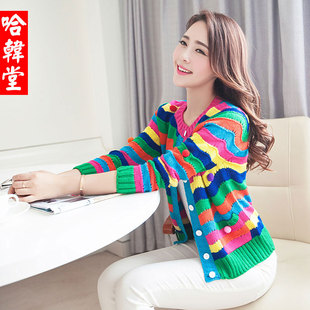 女装2014春装彩虹色条纹，休闲糖果色开衫针织衫可爱毛衣外套