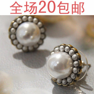  满20包邮 h3467韩版饰品批发 纯美气质典雅珍珠镶嵌复古耳钉