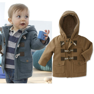  宝宝衣服 秋冬季婴儿英伦牛角扣带帽风衣 儿童加厚防风外套 卫衣