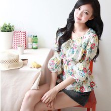 2012新款秋装女装棉麻上衣娃娃衫衬衣 中袖宽松碎花白色衬衫 女