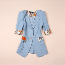 2012春夏女装新品爱马仕花袖翻领牛仔棉修身中袖小西装 西服 外套