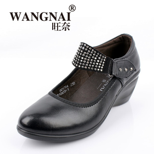  旺奈真皮坡跟时尚女士单鞋罗马中年妈妈鞋子高跟韩版皮鞋10655-1