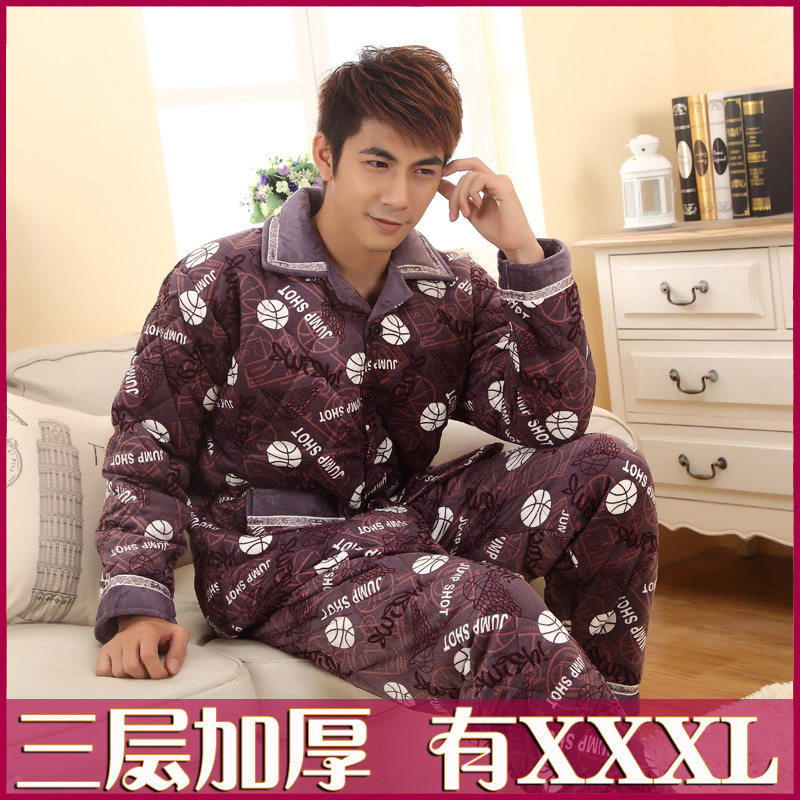 秋冬季男士长袖睡衣 珊瑚绒夹棉睡衣男 家居服加厚法兰绒套装睡衣