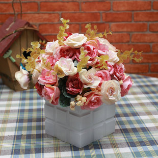  欧式玫瑰餐桌花 仿真花套装 客厅装饰花 绢花假花 整体花艺