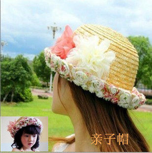淘金币 日系甜美菁菁小辣椒蕾丝碎花朵圈沙滩圆顶草帽子麦秆翻边