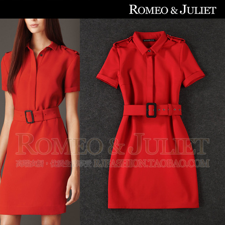 【设计师】2014欧美春夏女装新款 英伦风 肩章腰带修身红色连衣裙