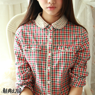  【魅典】新 森女小清新 新年必备 钩花领花边小格子衬衣
