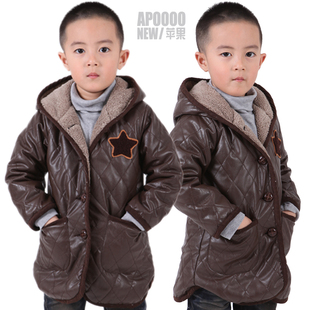  儿童外套装毛内胆皮革苹果原创褐色纯色单排扣男童装棉袄棉服