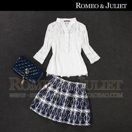 【罗家精品】2014春夏新款女 装白色蕾丝衫+小吊带+印花短裙套装
