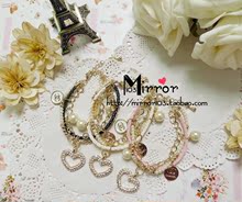 Mirror103 CHANEL perla pulsera de diamantes blanco y negro de piel de melocotón rosado capas del corazón del cordón