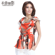 衣香丽影2012夏装新款 优雅荷叶边袖假两件套雪纺衫上衣 原价299