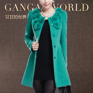  甘甘秋冬大衣新款大码毛呢大 高端獭兔毛领毛呢外套 女装G682