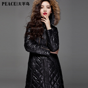  包邮满送太平鸟女装冬装 毛领车线棉服中长款 修身系带帽棉衣