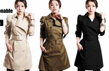 2011春秋季韩版泡泡袖女士修身腰带款中长款风衣外套加大码3色