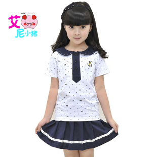  艾尼小猪 新款夏装儿童学院风两件套装 短袖波点T恤百褶短裙
