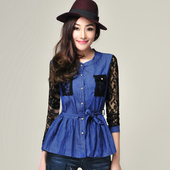 AO the only spring 2012 the new Korean cowboy lace stitching Slim fold waist shirt shirt 337