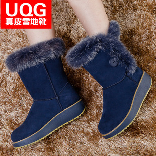  UQG冬季新款女鞋子中筒坡跟雪地靴牛筋底 特价真皮靴子 兔毛1102