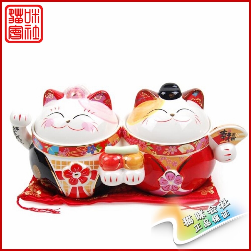 正品金石工坊 陶瓷招财猫储物罐糖果罐 喜庆摆件 情侣猫聚宝盆