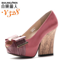 白领丽人现货 超高跟内防水台牛皮鱼嘴鞋真皮蝴蝶结女鞋21OB191U