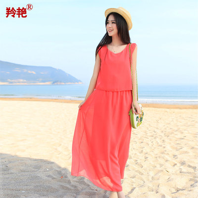 2014新款春装日韩版沙滩雪纺连衣裙夏季波西米亚长裙甜美连衣裙子