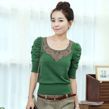 styleonme 2012春装新款女装 韩版泡泡袖蕾丝花边T恤打底衫2916