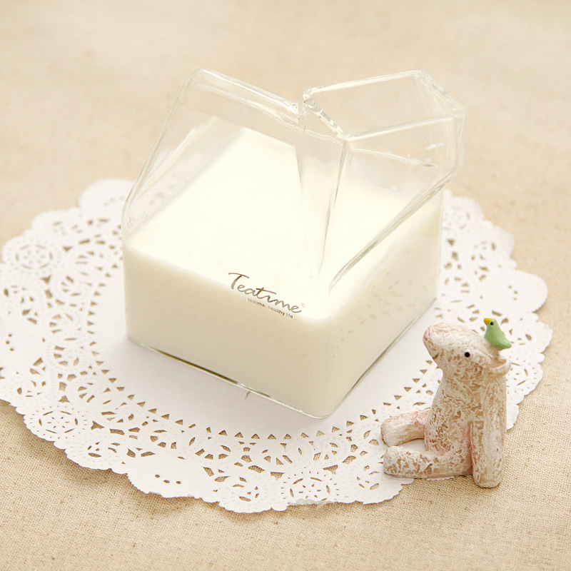 teatime创意耐热牛奶玻璃杯250ml 牛奶盒400ml  可爱人工吹制