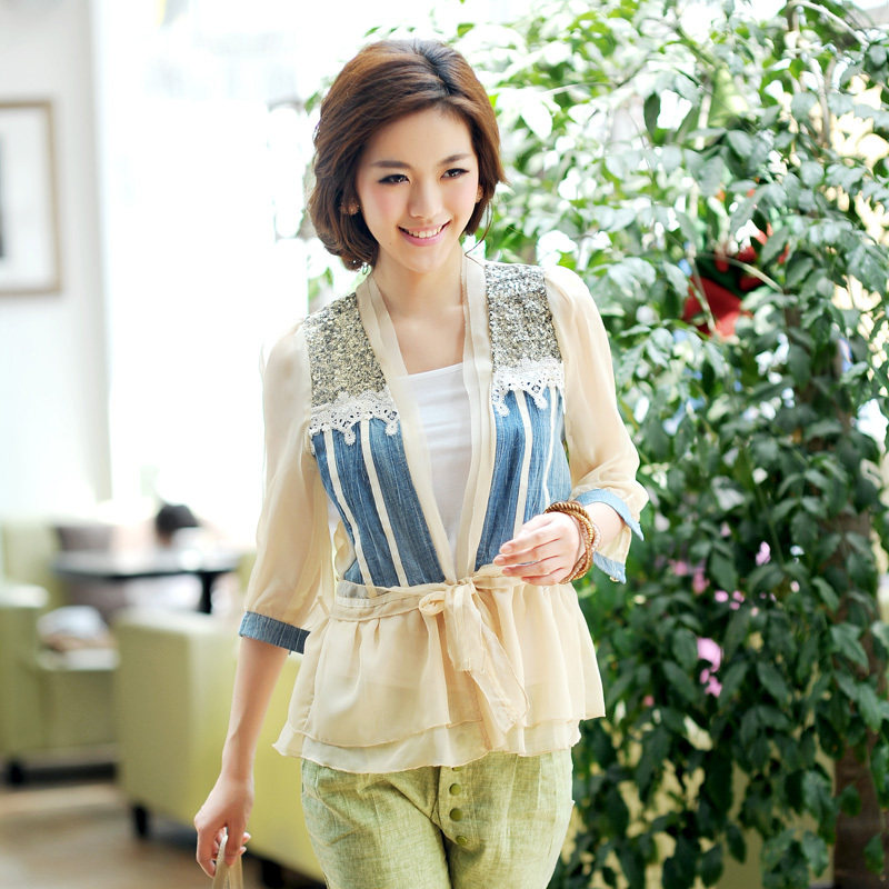 2012夏装新款 韩版女装蕾丝牛仔装饰超薄<span class=H>防晒</span>雪纺小短外套