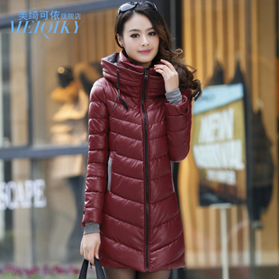  新款冬装韩版女装修身中长款加厚PU皮棉衣 棉服女