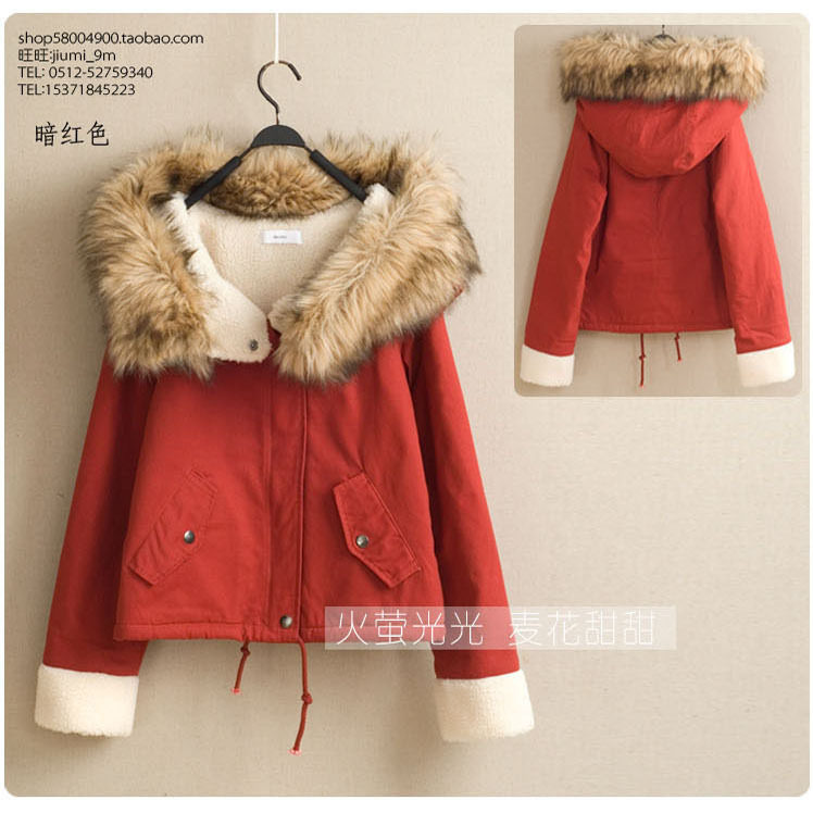 2012韩国最新森系高品质羊羔毛大毛领带帽棉衣棉服外套