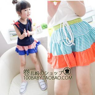  夏装韩版女童装-学院风彩条拼接短裙套装 儿童背心+短裙套装
