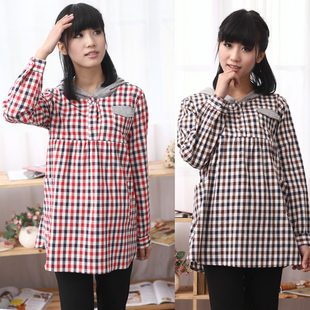 Female Royal maternity dresses of spring clothing Korea version Hat coat Plaid Shirt shirt in pregnant women pregnant women 12,028