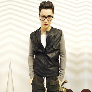  淘金币爆卖款 春装精致毛线袖拼接皮衣韩版修身型男士立领皮衣