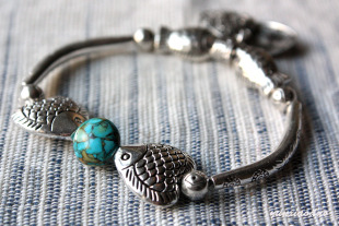  民族风 双鱼亲吻鱼亲嘴鱼小丑鱼绿松石藏银 饰品手链首饰 女士 款