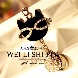  [4035]欧美外贸饰品 复古可爱眼镜 镶钻 猫咪项链 毛衣链 女