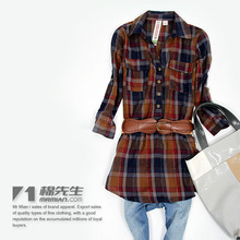 棉先生 2010秋季新时尚长款带腰带七分袖可卷格子女士衬衫 S3726