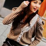 2011秋装 韩版女式 条纹 羊毛 泡泡袖肩章 针织衫 开衫 外套