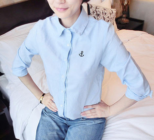  八爪娘娘 秋装新款 日系森女小清新刺绣小船锚纯色修身长袖衬衫