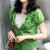2012夏 皇冠爆款雪纺短袖V领花朵OL韩版淑女气质开衫夏天针织衫