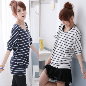 条纹纯棉蝙蝠袖女t恤...