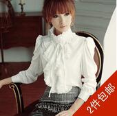 Spring new women's blouse court temperament retro stand-up collar lace flounced long-sleeved shirt