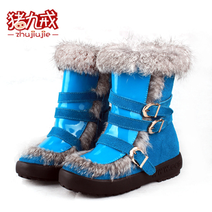  猪九戒 冬季新款童鞋真皮女童靴子兔毛儿童雪地靴 女童棉短靴