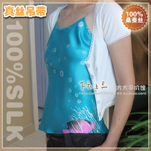 100%纯桑蚕丝 假一罚十  蓝色提花 真丝吊带背心