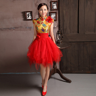 洛漫挚爱新款婚纱礼服短款新娘旗袍年会演出服中式红色龙袍