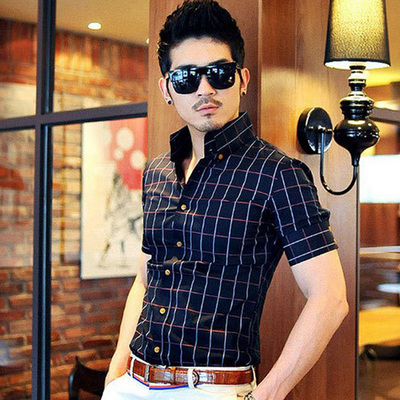 断码清仓特价2015夏季格子男短袖衬衫修身型男装衬衣韩版寸衫大码