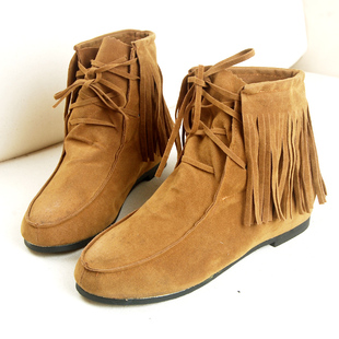  流苏短靴流苏内增高短靴新平跟短筒靴女靴单靴子耐磨牛筋鞋底