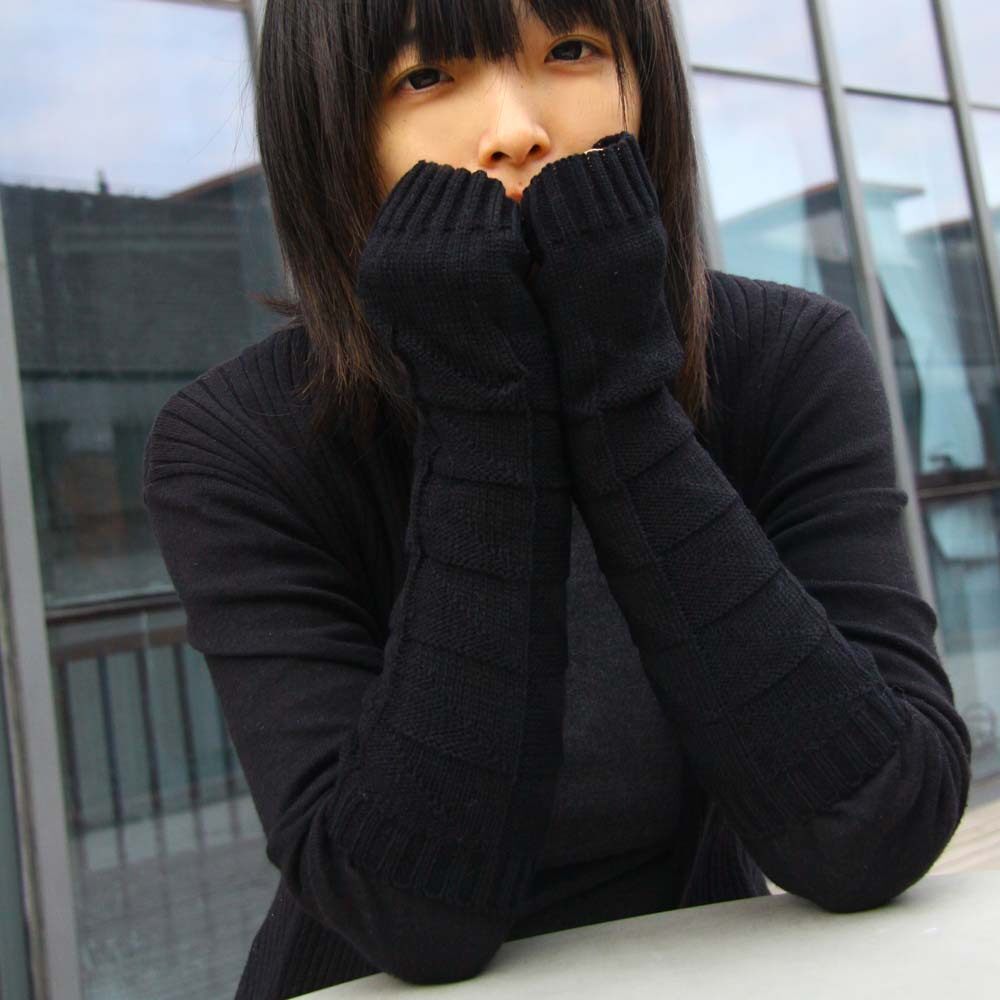 J08816【包邮】韩针织冬季保暖露指毛线女手套斜条纹斜三角